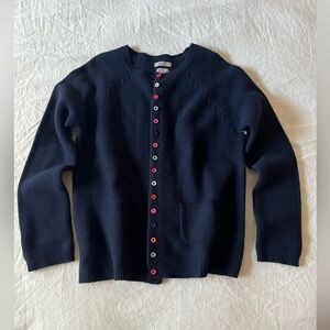 Pure Marino Wool Navy Cardigan with Colorful Rainbow Buttons Size L NWT